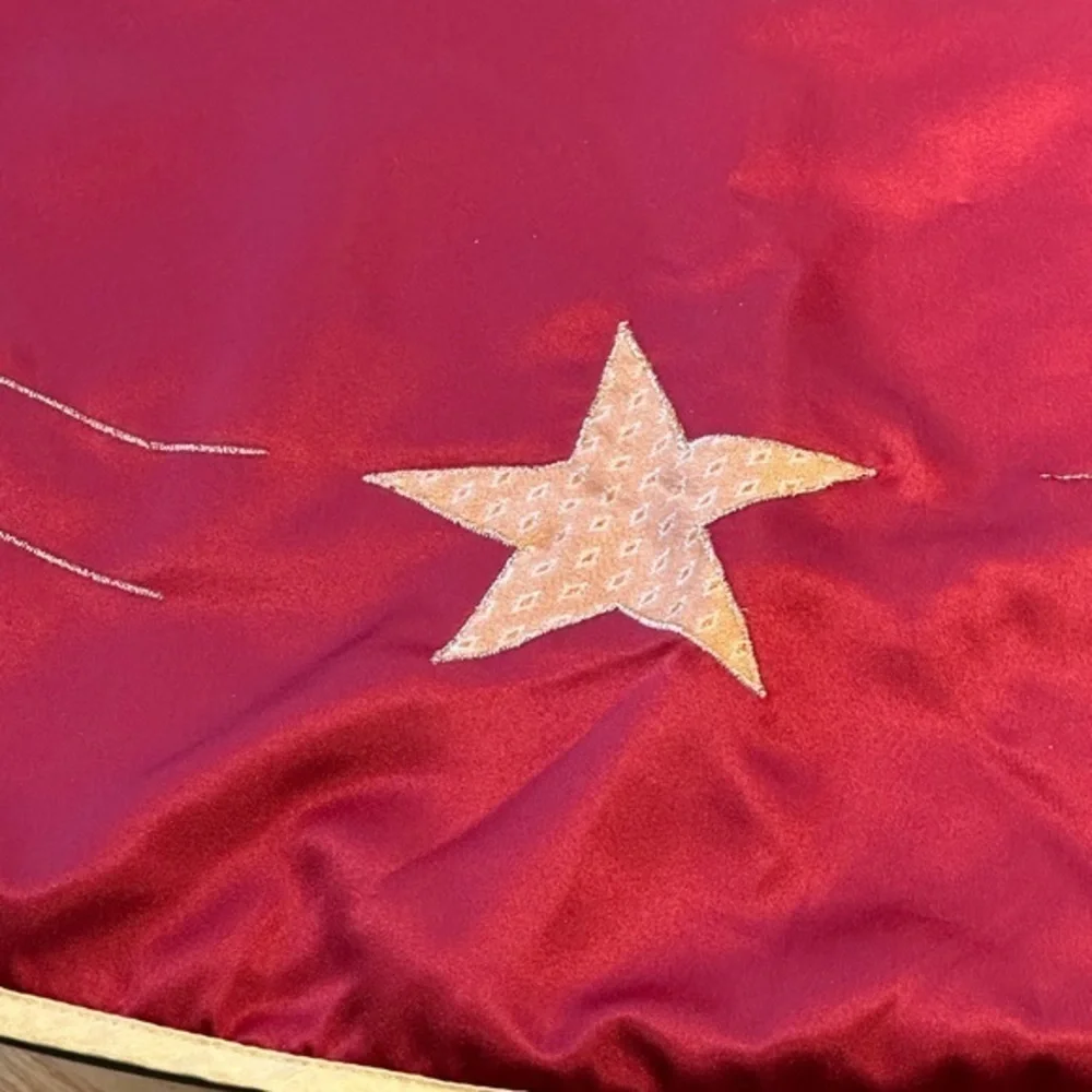 Large Dark Red Tree Skirt with Gold Appliqués Trees and Stars. 46 inch